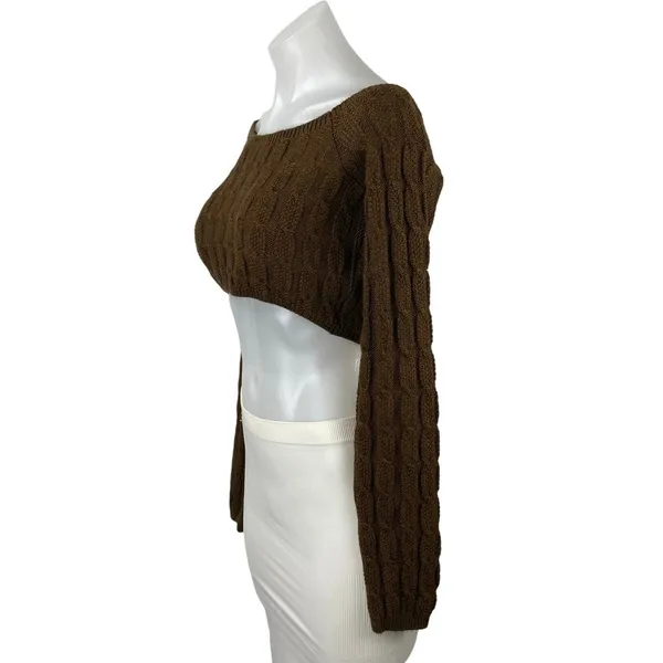 NEW NA-KD Brown Off The Shoulder Cable Knit Long Sleeve Crop Top Sweater Size S - Image 2