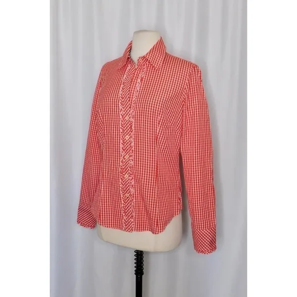 LILLY PULITZER Red White Blue Gingham Plaid Ruffled Buttondown Top Blouse Size 6 - Image 4