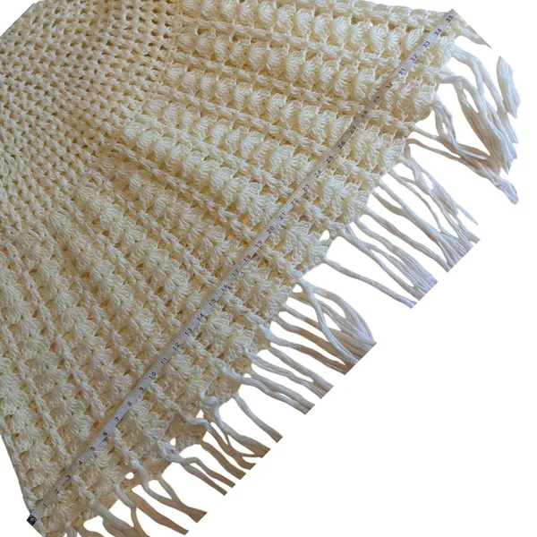 VTG San Yueh Hand Crochet Capelet Cream Fringe Button Front Small Boho Cottage - Image 9