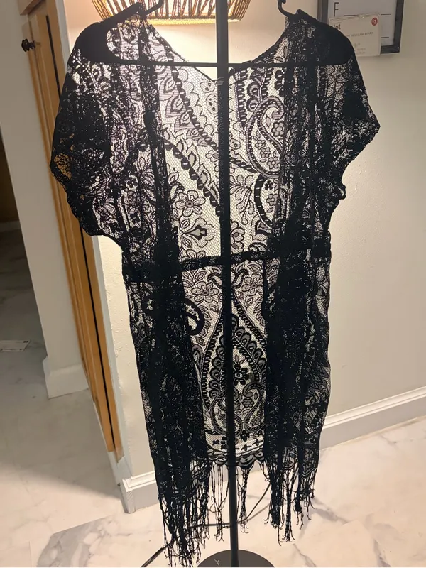 Black Lace Fringe Mini Dress Cover-Up - Image 3
