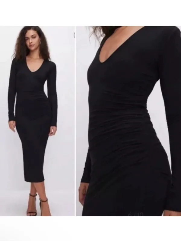 NWOT Good American V-Neck Bodycon Midi Black Dress 0 (US 0-2) SUPERGLUE FLAW - Image 3