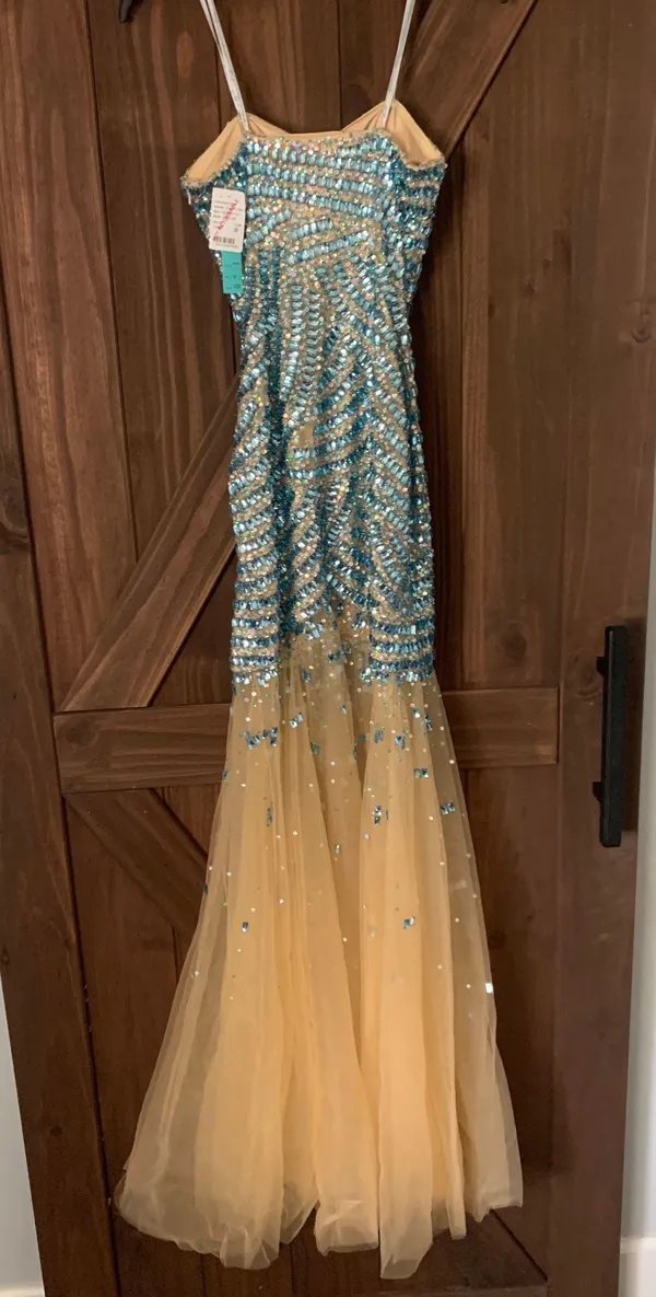Camille La Vie Beaded Turquoise And Sheer Gown - Image 3