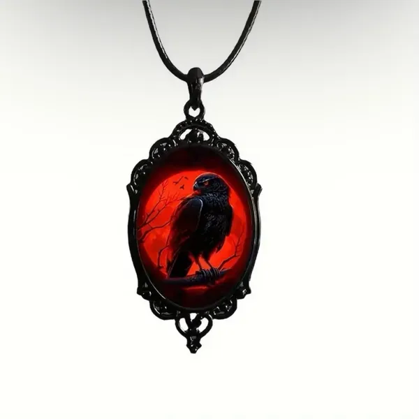 Red Moon Eagle Cameo Necklace Gothic Style Glass Pendent Choker Mystic Witch Jew - Image 11