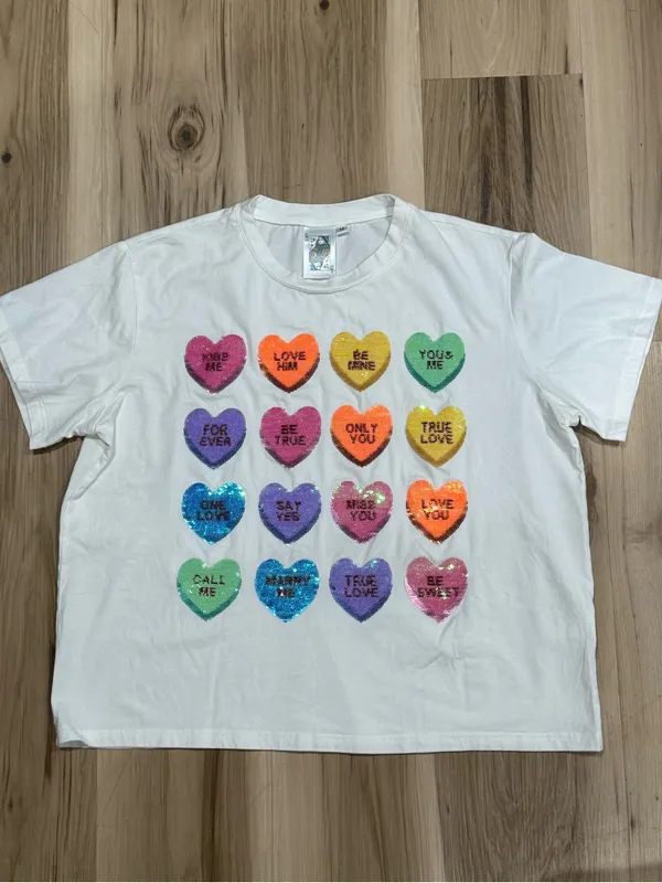 Queen Of Sparkles Conversation Hearts Sequin Short Sleeve Shirt Women’s Medium - Image 2