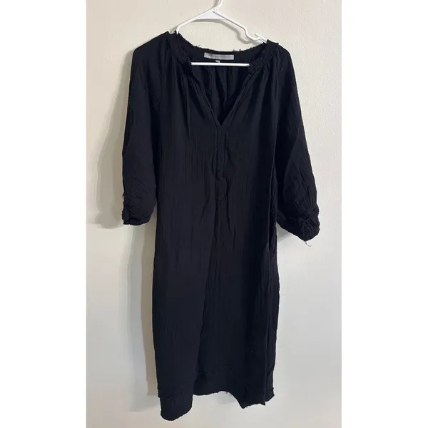 Ocean+Main Los Angeles Black Cotton Double Gauze High Low Midi Dress M/L Pockets - Image 2