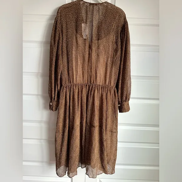 Vince Starry Dot Womens Dress M Medium Brown Long Sleeve Shirred Midi‎ $495 - Image 8