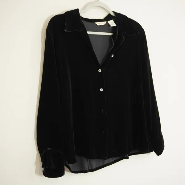 Eddie Bauer Black Velvet Silk Button Front Blouse Long Sleeve Whimsigoth Vintage - Image 2