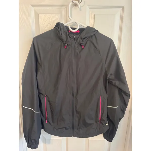 ASICS Jacket Women's Hooded Running Windbreaker Black Pink XS Full Zip NWOT - Image 2