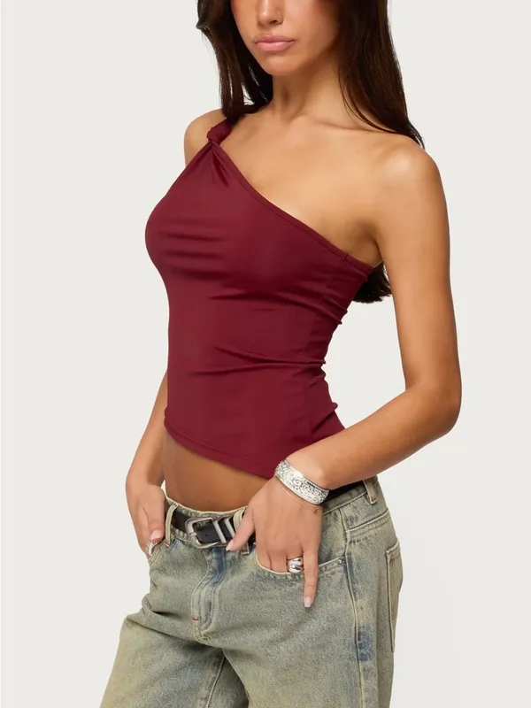 Edikted Knotted One Shoulder Asymmetric Top Maroon Small NWOT - Image 2