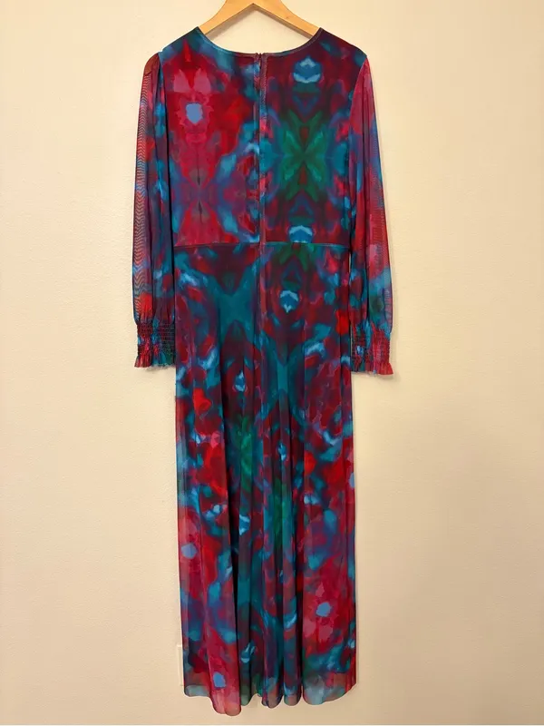 NWT Maggy London Eliana Twist Front Mesh Maxi Dress Pink Berry Watercolor 14 - Image 2