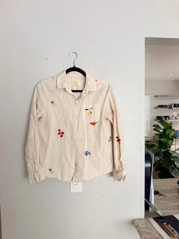 Sézane x Pangea Tomboy Shirt Fruit Floral Embroidered Ecru Linen Button down - Image 4