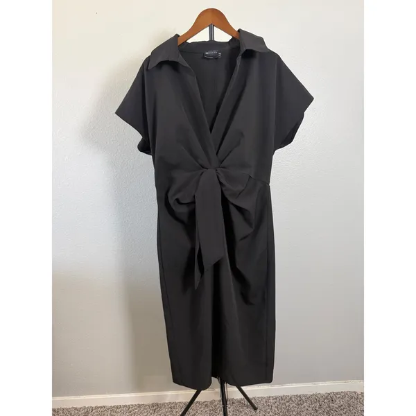 ASOS DESIGN Black Short Sleeve Knot Front Midi Dress US 14 V-Neck Collar - Image 9