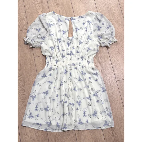 Arula Krissy P Blue Floral White Chiffon Mini Dress Smocked Waist Size A Plus - Image 4