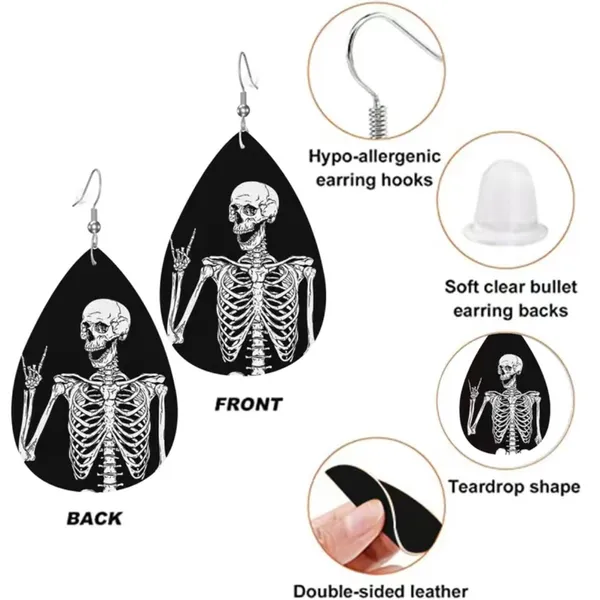 Gothic Skull‎ Faux Leather Teardrop Halloween Earrings Faux Fashion Jewelry - Image 6