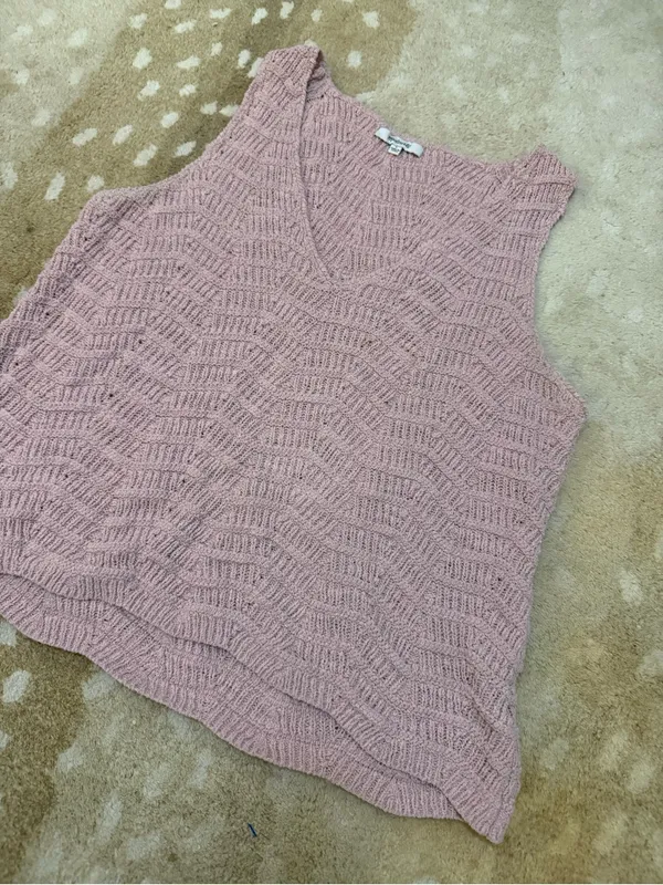 Madewell Pink Textured Open Knit V-Neck Sleeveless Sweater Tank Top Size L - Image 3
