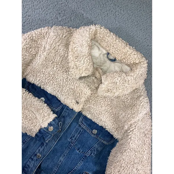 Topshop Denim Jacket Womens 6 Small Blue Cream Borg Fleece Mixed Media Trucker - Image 2