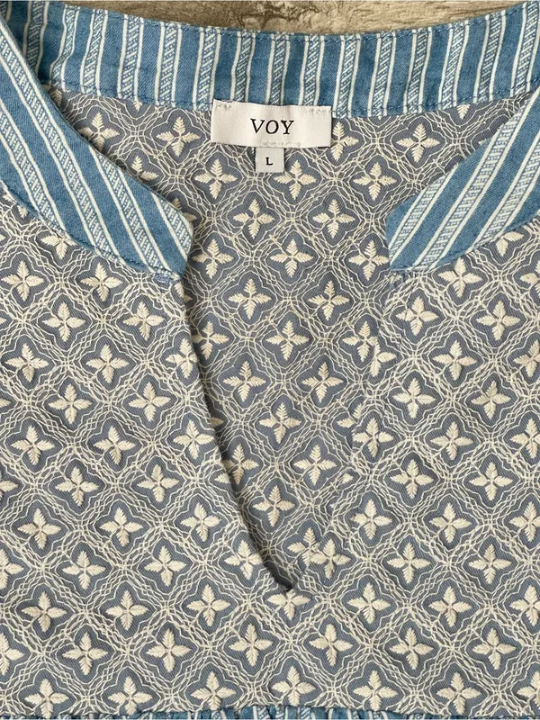Boho Blue Patterned Short-Sleeve Tunic Top - Lightweight Peasant Style - Image 6