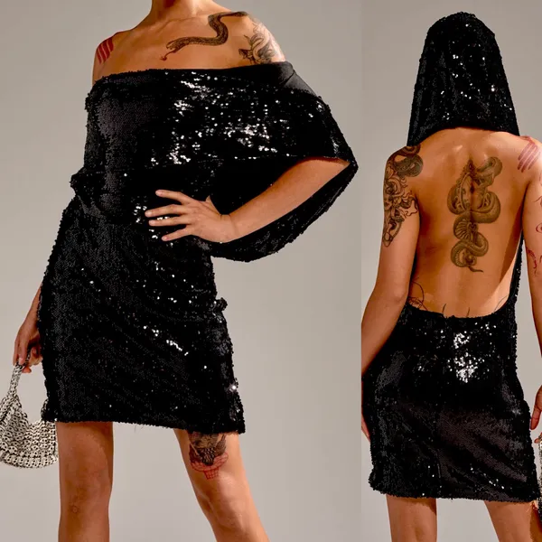 Akira NWT Cool Girl" Hood runway black Sequin Deep V Halter backless dress L - Image 2