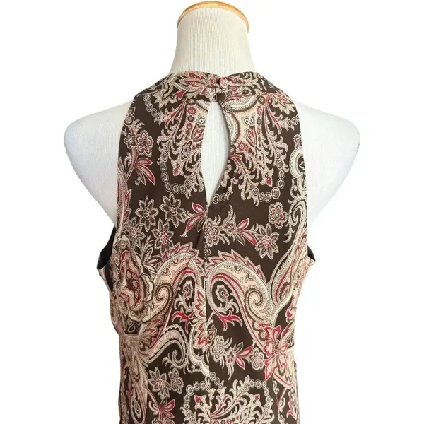 Womens Ann Taylor Brown Paisley and Flower Sleeveles V Neck Silk Midi Dress - 16 - Image 2