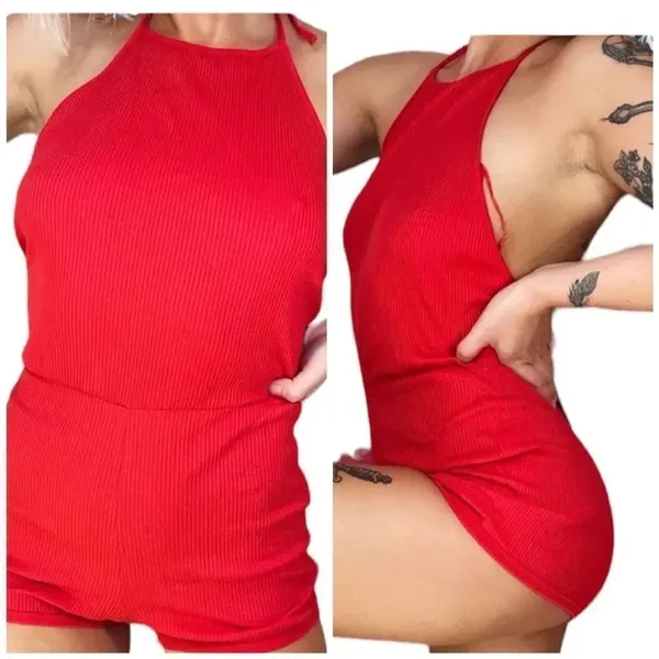 ✨Zara Women’s Red Ribbed Halter Romper Shorts Open Back Tie Festival Beach Mini✨ - Image 6