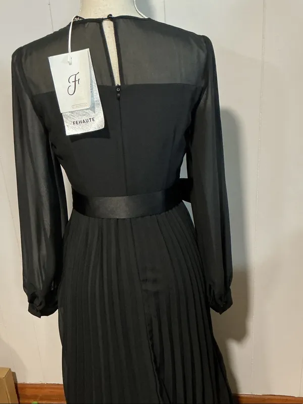 Chiffon Black Long-Sleeve Pleated Maxi Dress with Satin Waist Tie - Image 5