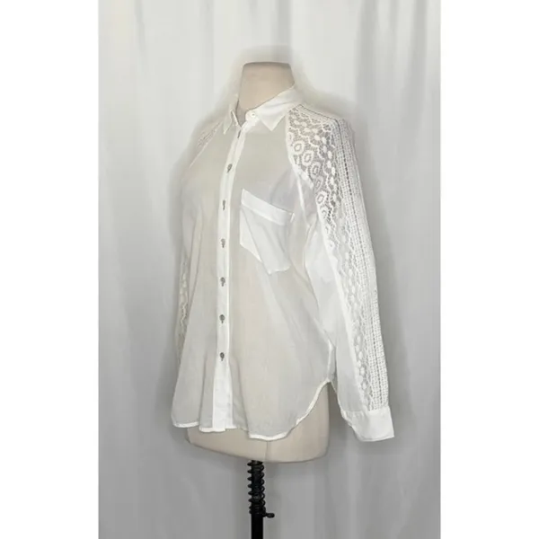 Anthropologie HOLDING HORSES White Lace Sleeve Buttondown‎ Shirt Top Lacey Small - Image 5