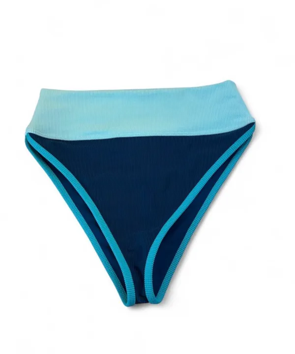 Beach Riot blue & green high-waisted bikini bottoms with light blue waistband and dark blue ribbed fabric, size M #beachriot #swimwear - Image 2