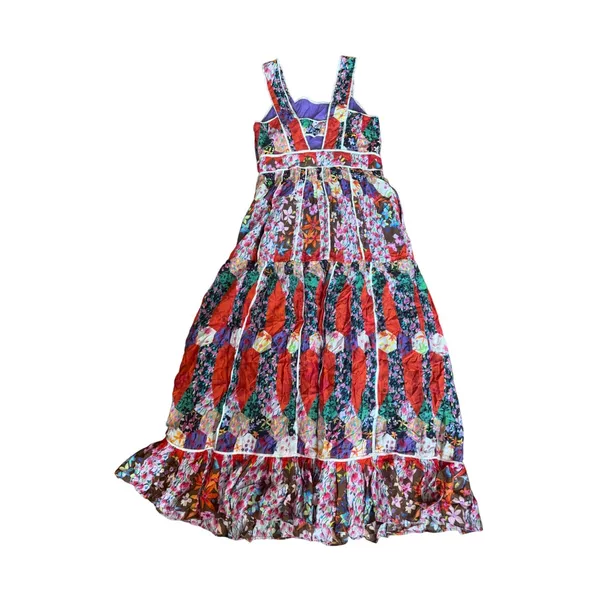 Anthropologie Patchwork Floral Tiered Maxi Dress Red Purple Size 6 Boho Ruffle - Image 2
