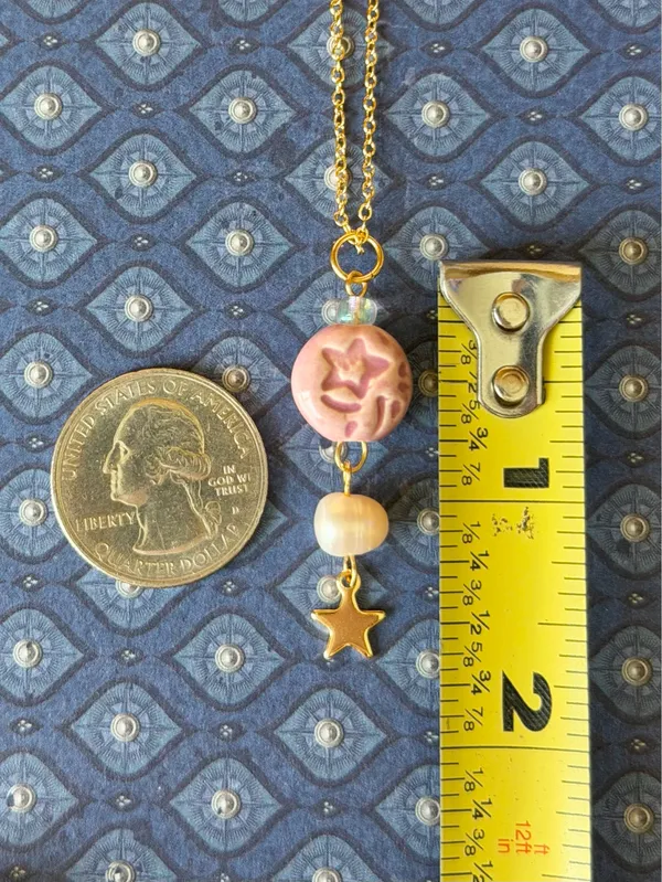 Handmade pink porcelain star coin bead boho retro whimsy fairy necklace⭐️🩷 - Image 6