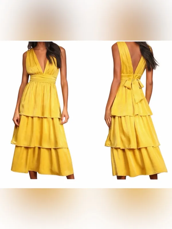 Lulu's Mustard Yellow Tiered V‑Neck Midi Dress - Image 2