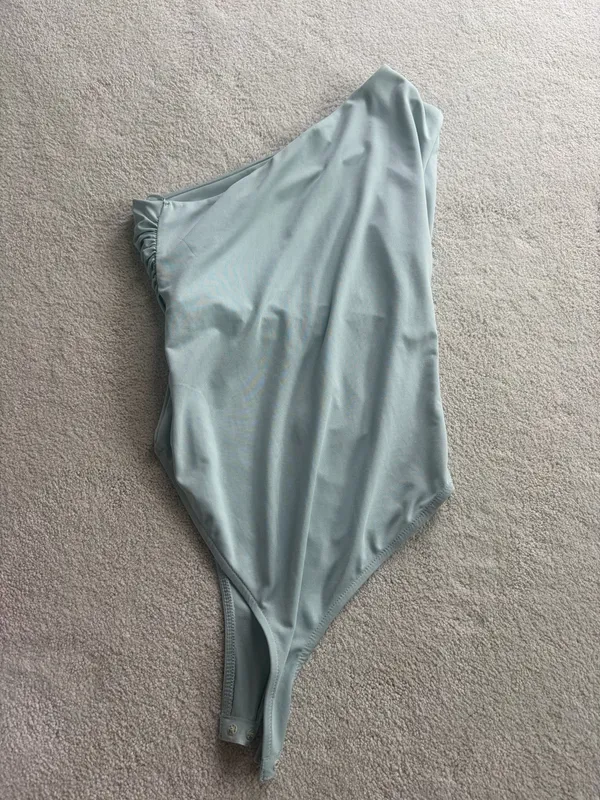 ZARA Sage Green One Shoulder Bodysuit Button Closure - Image 3