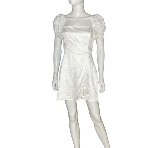 Lulus Precious Enchantment White Satin Floral Puff Sleeve Mini Dress Sz L - Image 2