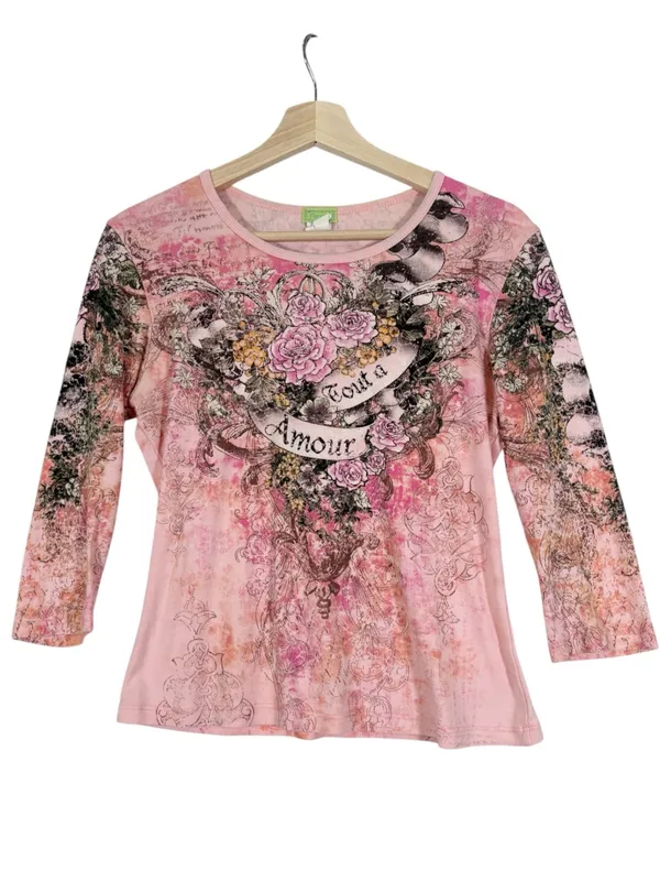 Vintage Fornia Y2k Embellished Burnout Babydoll Graphic Shirt Size Large - Image 2