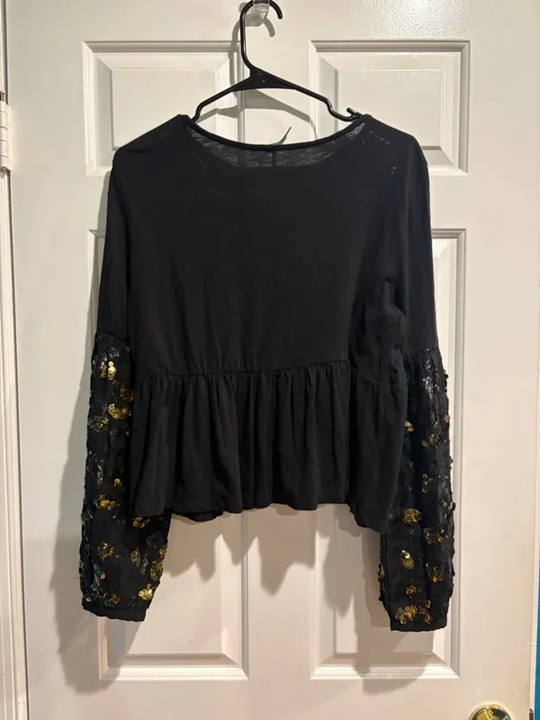 Anthropologie Neale Sequined Peplum Top blouse boho cottagecore M black - Image 4