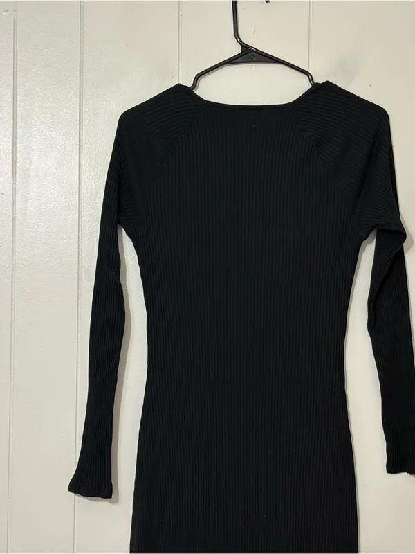 Aerie Ribbed Tie Front Maxi Dress Black Long Sleeve Knit Size S NWT - Image 12