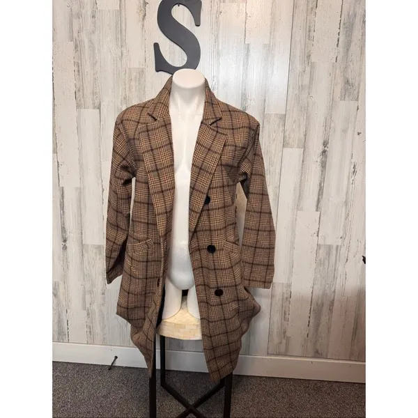 Tanning Plaid Blazer Coat Size Small Double Breasted Wool Blend Longline Jacket - Image 3