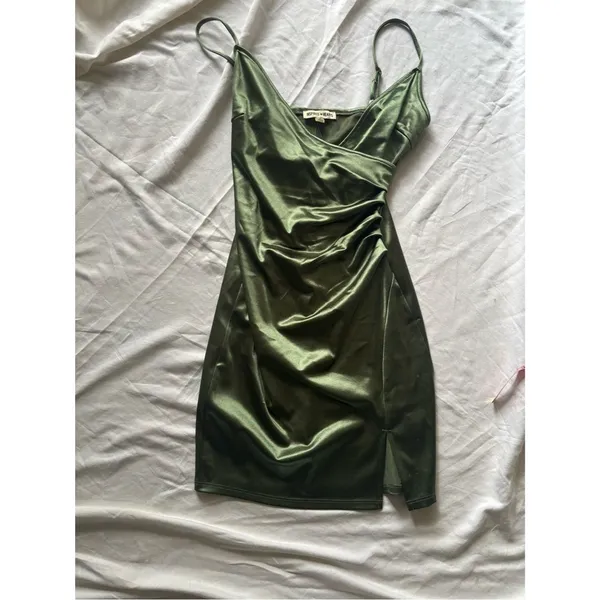 Olive Satin Slip Dress with Side Ruched Detail - Image 2