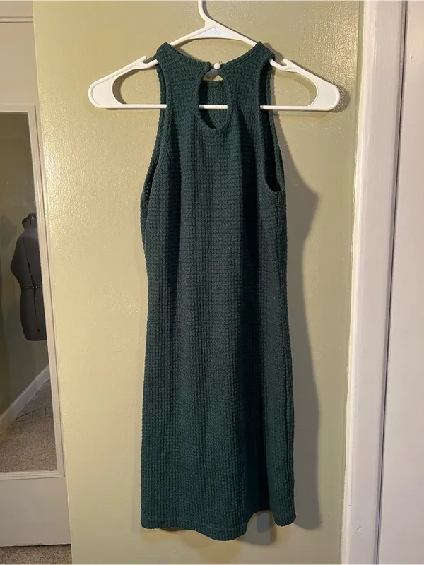 Women’s Size Medium Sleeveless Bodycon Mini Dress Dark Green High Neck Keyhole - Image 8