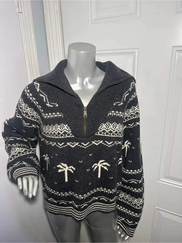 Marine Layer NWOT Whitney Quarter Zip Sweater L Palm Tree Fair Isle Après Ski - Image 9