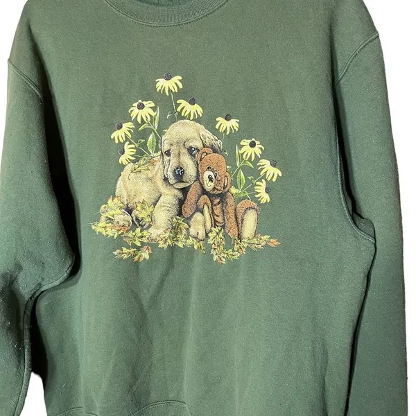 Vintage Jerzees Puppy Print Green Crewneck Sweater Size Medium - Image 2