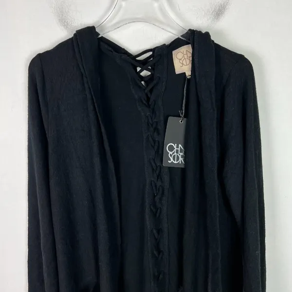 NWT Chaser Long Sleeve Lace Back Hooded Open Cardigan Black Size Medium M NEW - Image 2