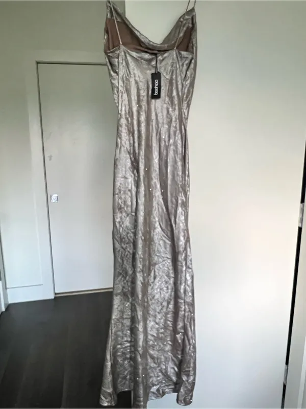 Boohoo Metallic Silver Cowl Slip Dress - Image 2