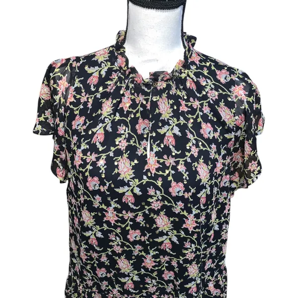 LOFT Dress Black Floral Drop Waist Ruffle Neck Gold Embroidered Polka Dot - Image 3