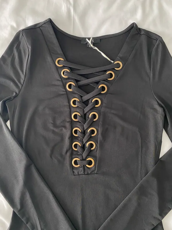 Black Lace Up Long Sleeve Bodysuit - Image 2