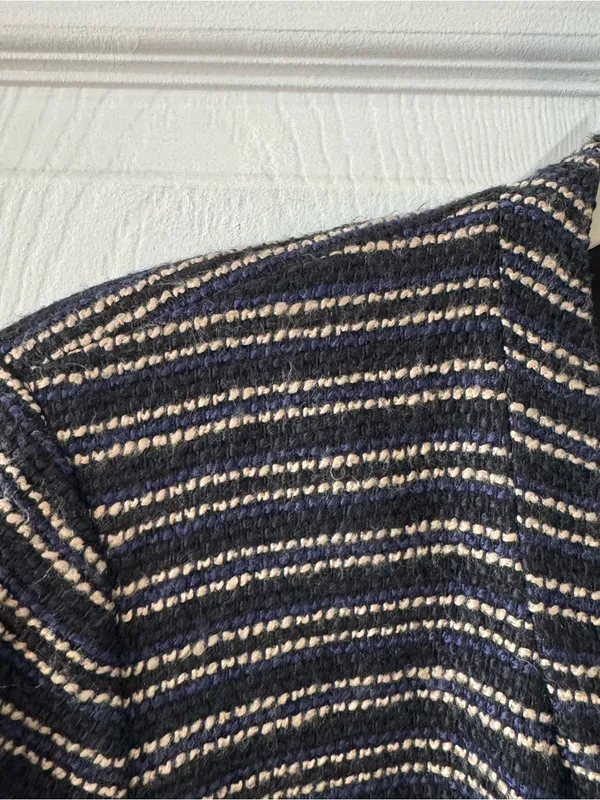 Ann Taylor Tweed Longline Blazer Coat Navy Golden Brown Stripe Size 8 - Image 4
