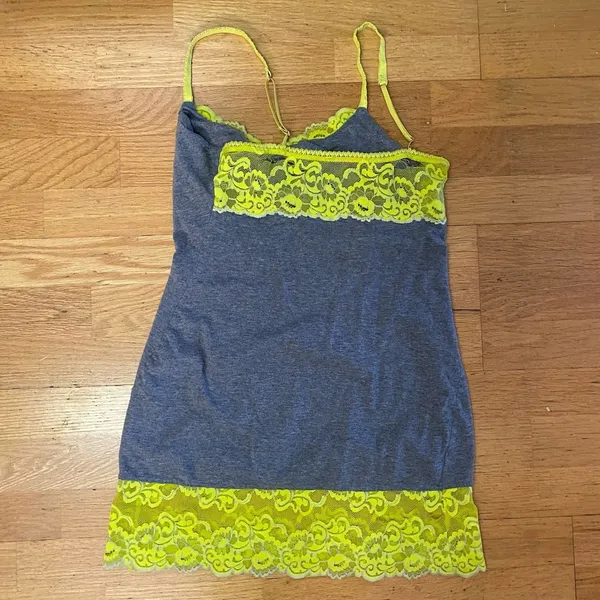 Josie by Natori Gray Lime Green Lace Sleep Minimalist Preppy Tank - Image 4