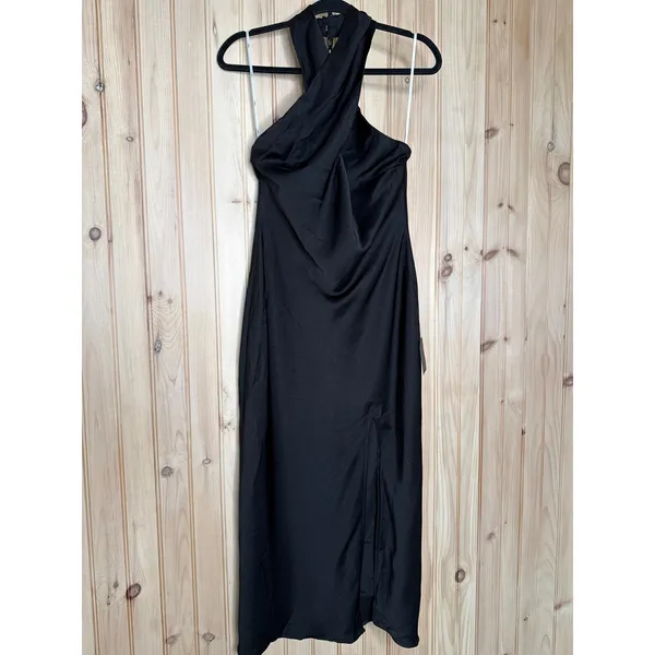 Lulus Beyond Classy Black Satin Halter Midi Dress Party Holiday Gala Extra Small - Image 2