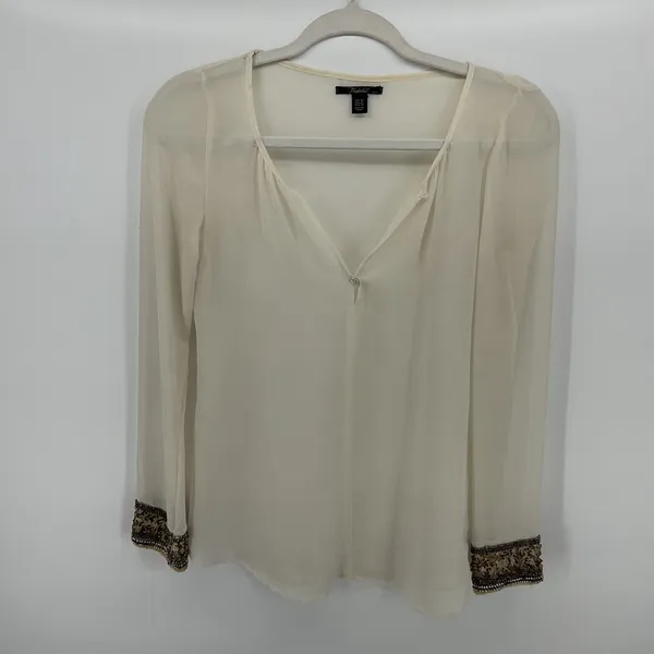 Zara Trafaluc Cream Sheer Blouse Beaded Sequin Cuff Split V-Neck Party XS - Image 2