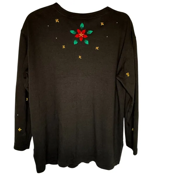 Bechamel Black Knit Button Christmas Cardigan Womens Small Poinsettia VTG FLAW‎ - Image 2