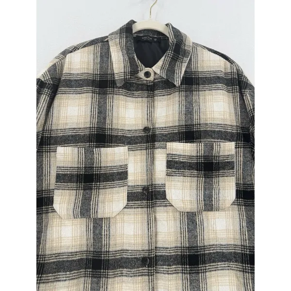 Miss Love Plaid Shacket Women M Black Cream Tan Oversized Wool Blend Long Jacket - Image 3